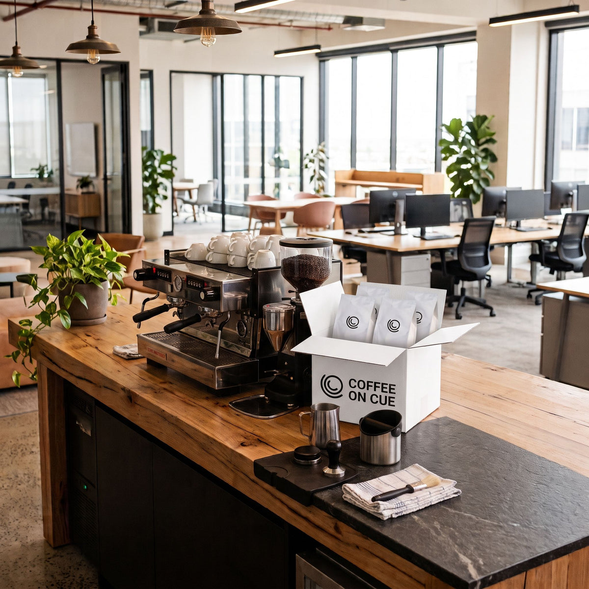 Workplace coffee set up with a deliver of coffee beans
